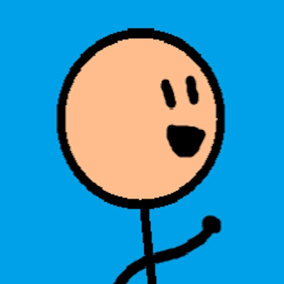 Drawn stickman on a blue background looking up to the right