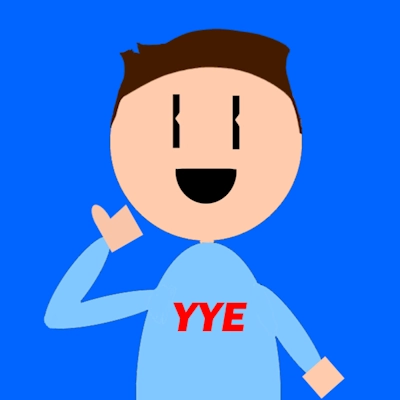 Drawn human on a blue background giving a thumbs up. His shirt says 'YYE'