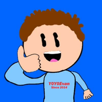 Drawn human in a crude art style on a blue background giving a thumbs up. His shirt says 'Y0Y0Evan, since 2014'