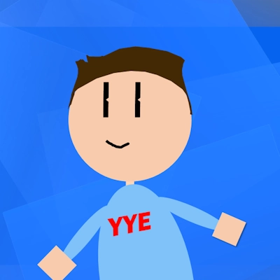 Drawn human on a varied blue background looking to the upper left. His shirt says 'YYE'