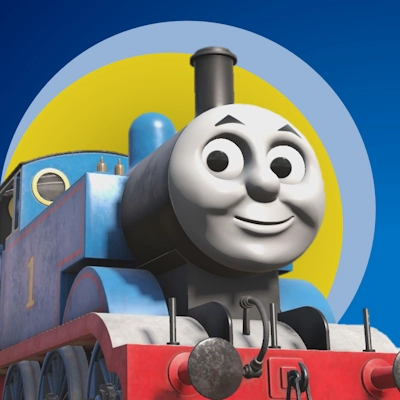 3D model of Thomas the Tank Engine looking at the camera, smiling. The background is a blue gradient with a yellow accent.