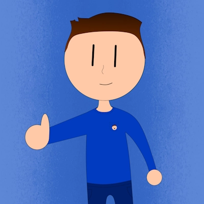 Drawn human with a blue shirt and brown hair giving a thumbs up. The background is a blue gradient.
