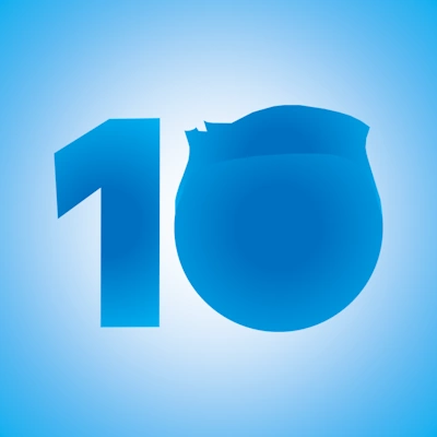 The number ten with a stylized human head replacing the zero. The background is a blue gradient.